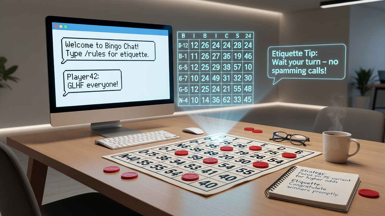 Strategic bingo card layouts across different variants with etiquette tips overlaid