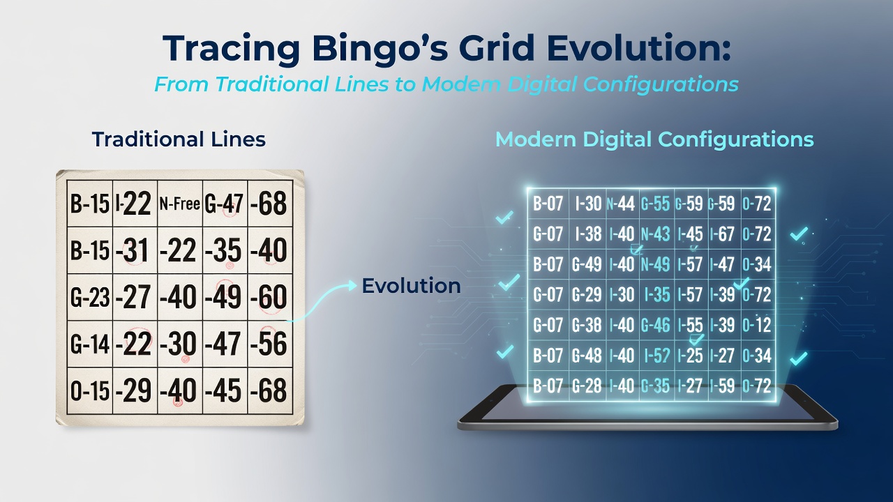 Modern digital bingo interface displaying customizable grid sizes, auto-mark features, and thematic overlays on a tablet screen